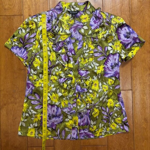 St. John Women Silk Top Sz 4 Button Floral Purple Ruffle Old Money Quiet Luxury - Picture 6 of 9